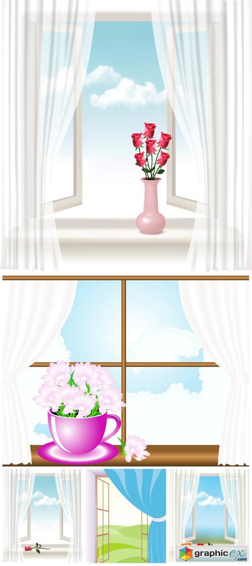 Window in the vector, flowers on the windowsill