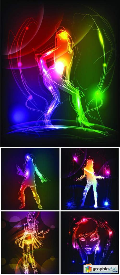 Neon vector background with dancing girl