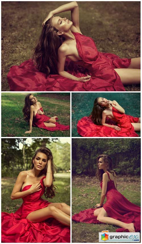 Charming girl in a crimson dress - Stock Photo