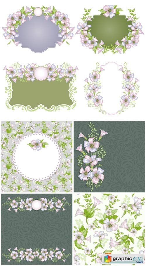 Gentle vector backgrounds with flowers, floral frame