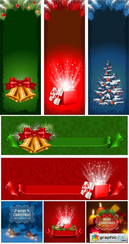 Christmas vector, banners with bells and tree
