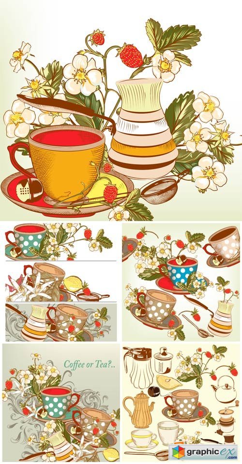 Tea, cups and teapots in vector