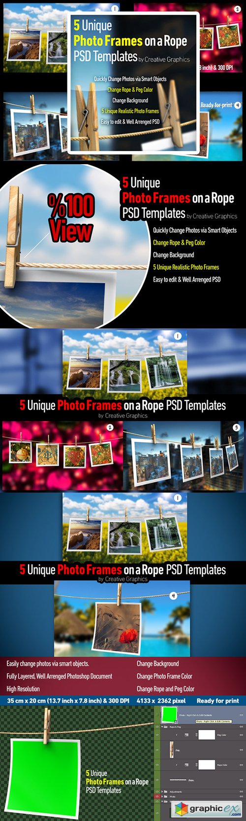 Photo Frames on a Rope PSD Mockup