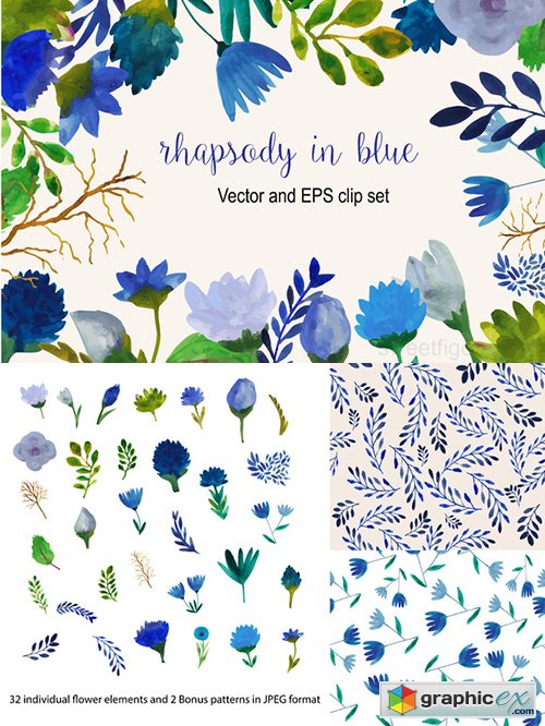 Watercolor blue flower vector set