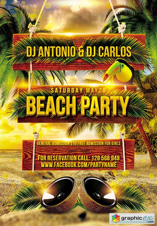 Beach Party 2 Flyer PSD Template + FB Cover