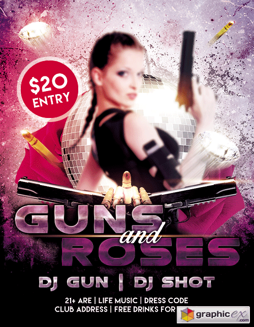 Guns And Roses Party Flyer PSD Template + FB Cover