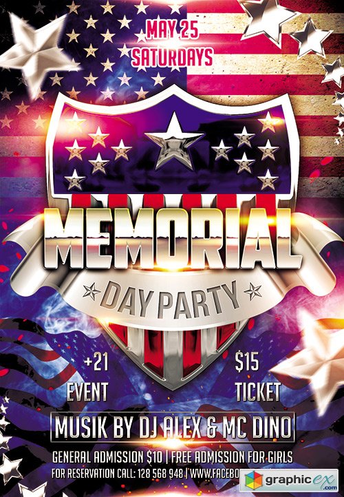 Memorial Day Party 2 Flyer PSD Template + FB Cover