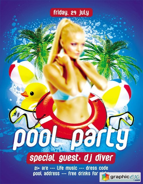 Pool Party Flyer PSD Template + FB Cover