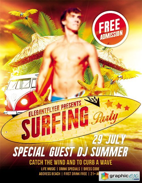 Surfing Party Flyer PSD Template + FB Cover