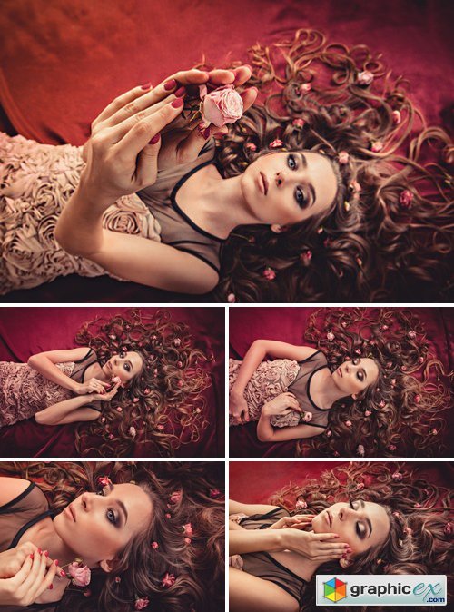 Stock Photos - Hair With Roses Expand On The Fabric Colored Marsala. top view image of a girl with long curly hair