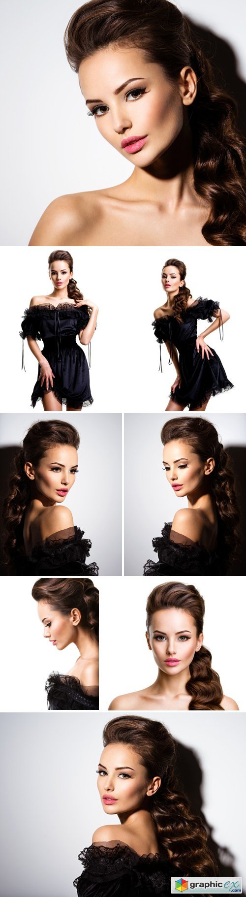 Stock Photos - Beautiful Face Of An Young Sexy Girl In Black Dress Posing At Studio On White Background