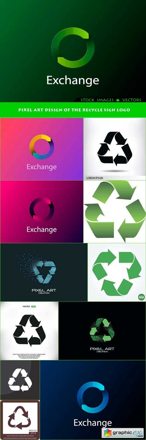 Pixel art design of the recycle sign logo 6x EPS