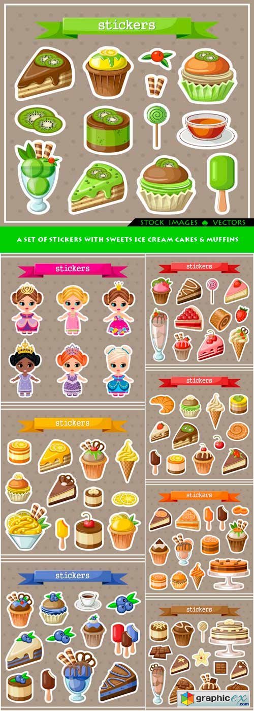 A set of stickers with sweets ice cream cakes & muffins 8x EPS