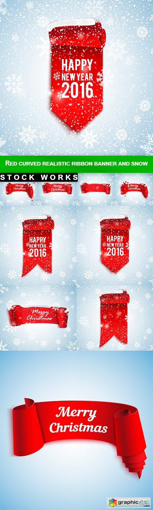 Red curved realistic ribbon banner and snow - 9 EPS