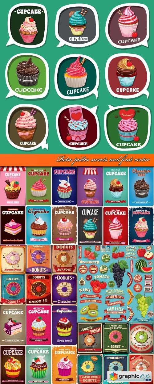 Retro poster sweets and fruit vector
