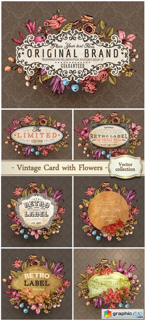 Vintage vector card with engraving flowers