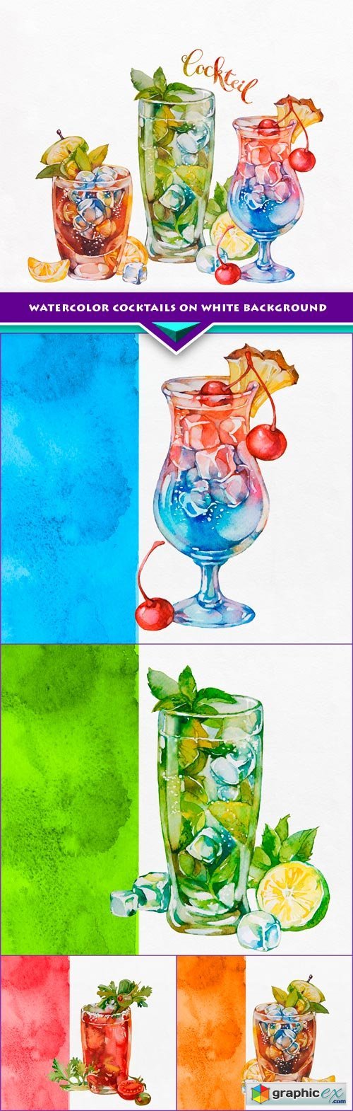 Watercolor cocktails on white background 5x EPS