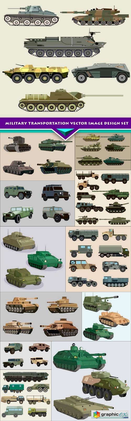 Military transportation vector image design set 13x EPS