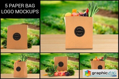 5 Grocery Paper Bag Logo Mockups
