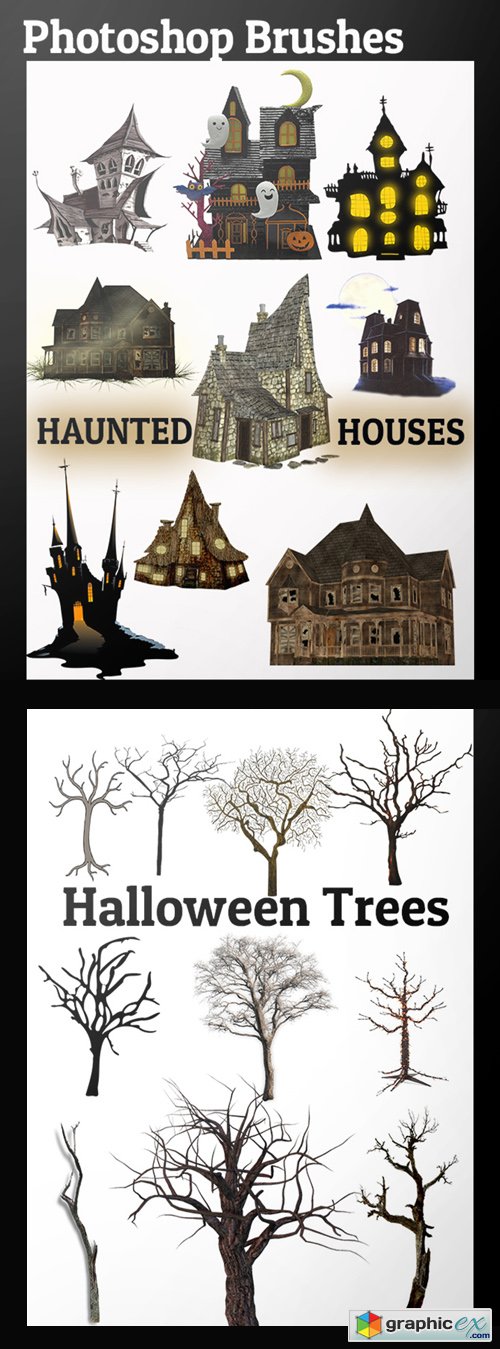 Photoshop Brushes - Haunted Houses & Halloween Trees