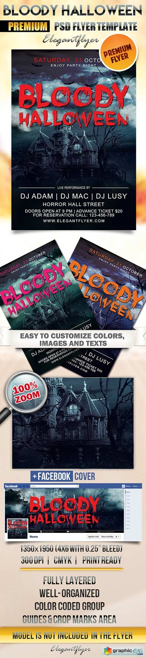 Bloody Halloween Flyer PSD Template + Facebook Cover