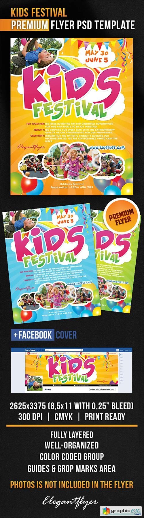 Kids Festival Flyer PSD Template + Facebook Cover
