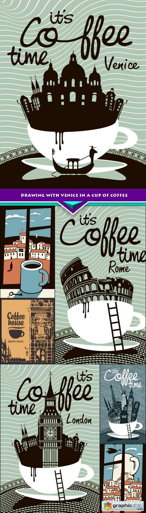 Drawing with Venice in a cup of coffee 7x EPS