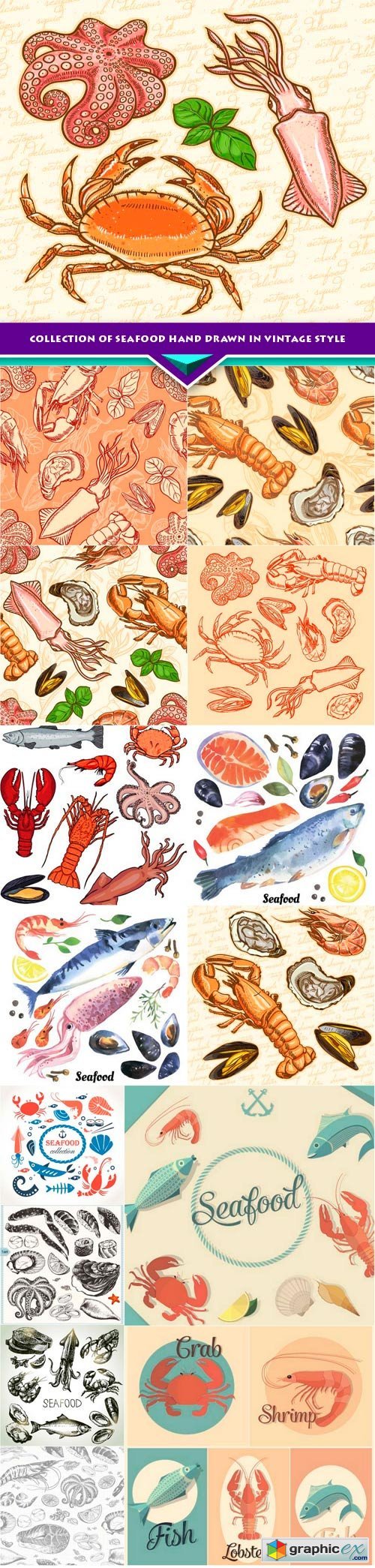 Collection of seafood hand drawn in vintage style 15x EPS