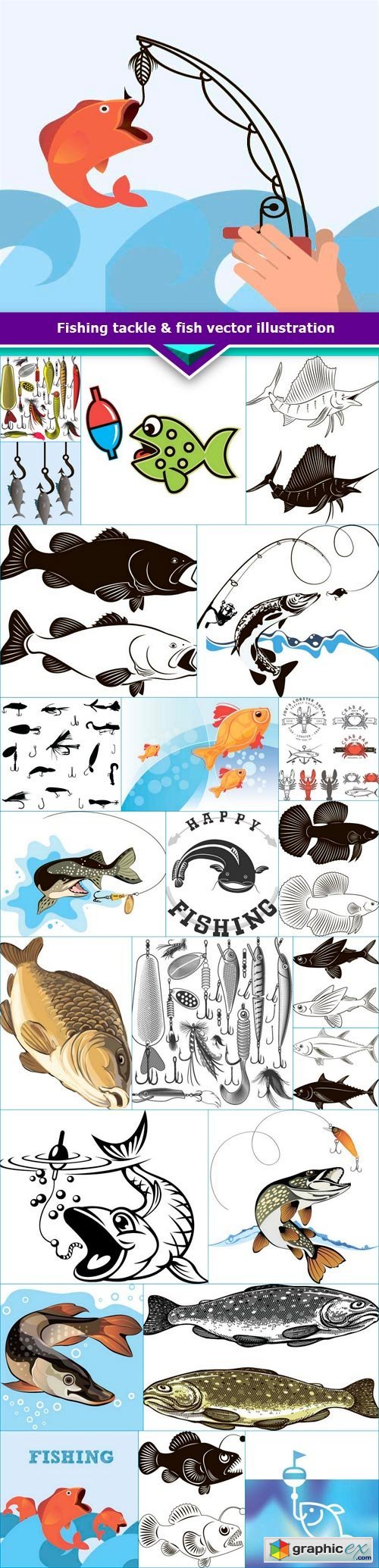 Fishing tackle & fish vector illustration 24x EPS