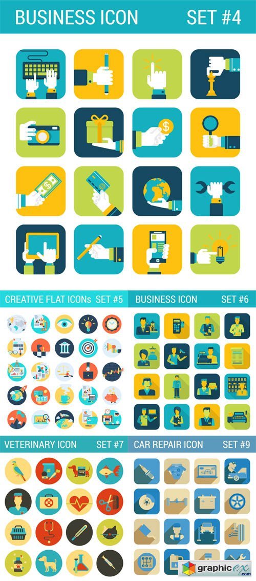 Creative, Business, Car Repear, Veterinary, Flat Icons Set