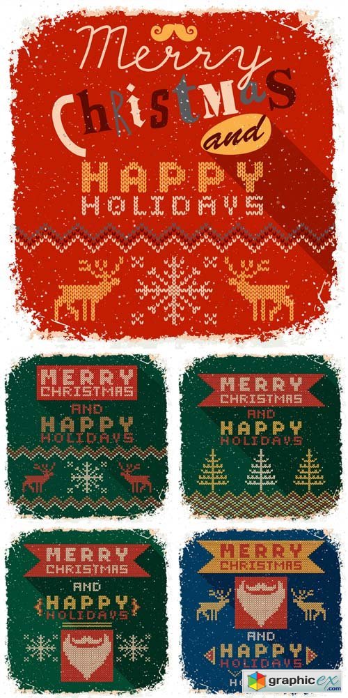  Knitted Christmas Cards Vector Set 