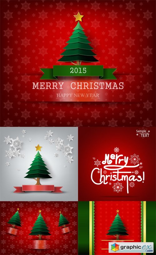 5 Merry christmas and Happy new year cards vector set