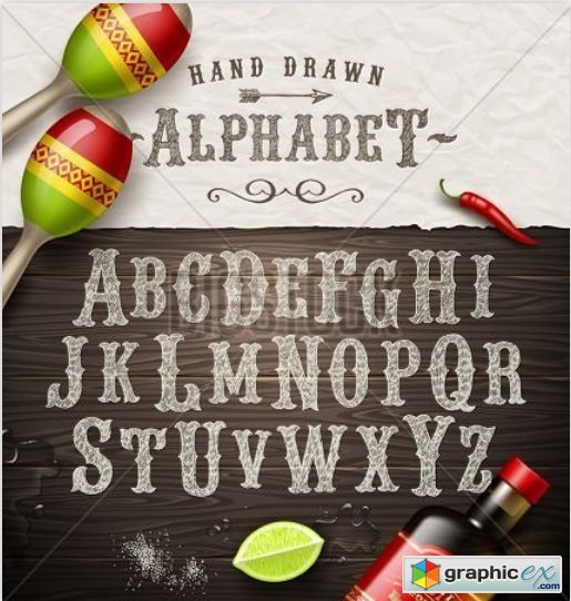 Vector hand drawn vintage alphabet - old mexican signboard style font
