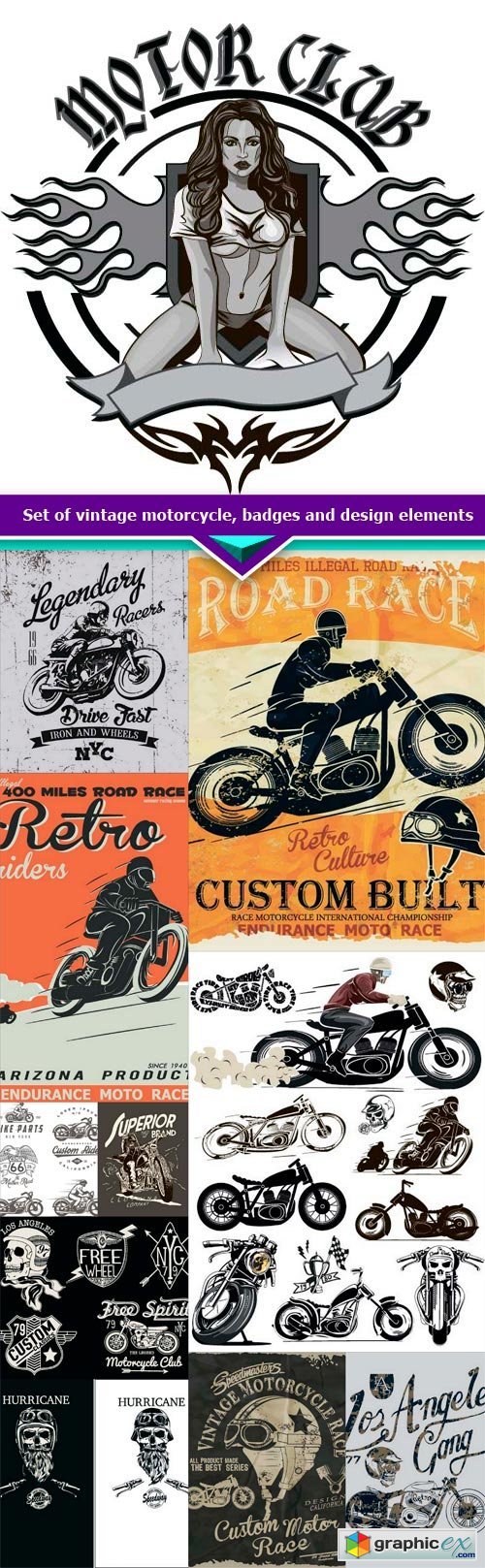  Set of vintage motorcycle, badges and design elements 11X JPEG 