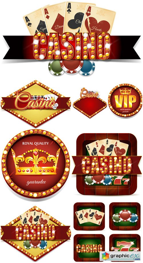 Casino, VIP labels with chips and cards - vector