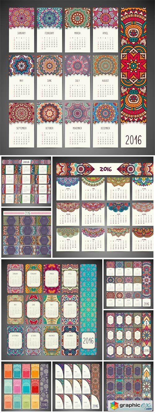 Calendar 2016, vintage decorative elements