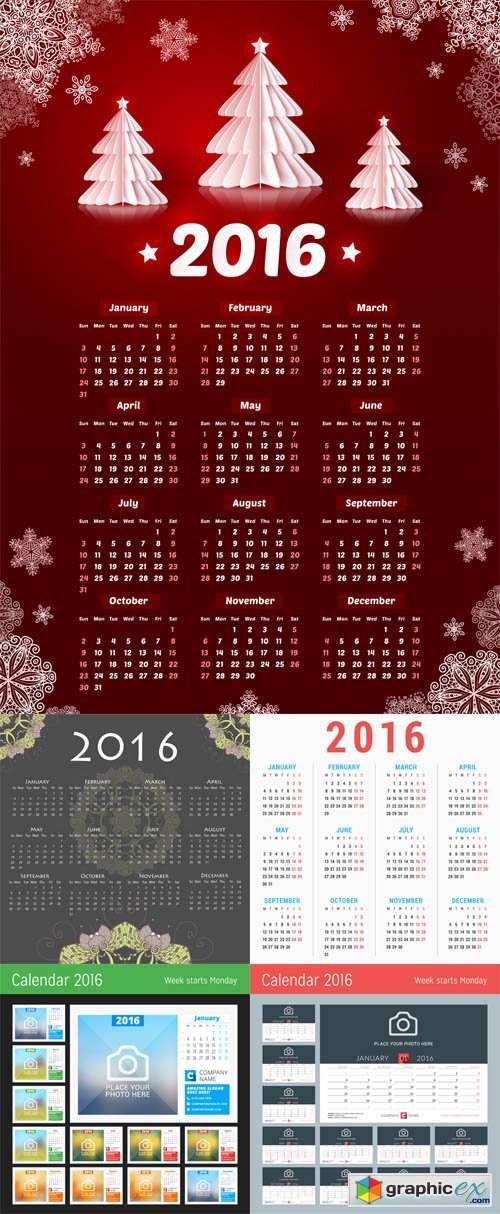 5 Calendars 2016 Vector Set