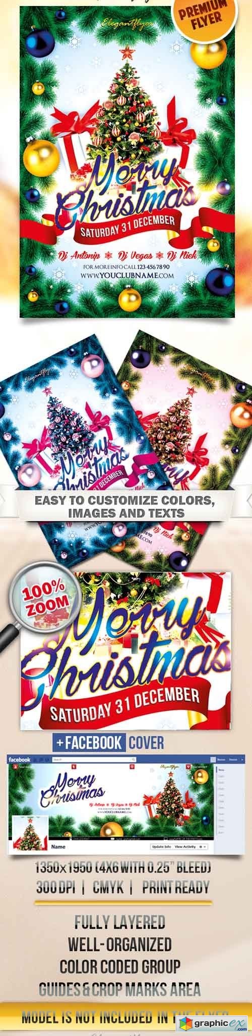Merry Christmas 2  Flyer PSD Template + Facebook Cover
