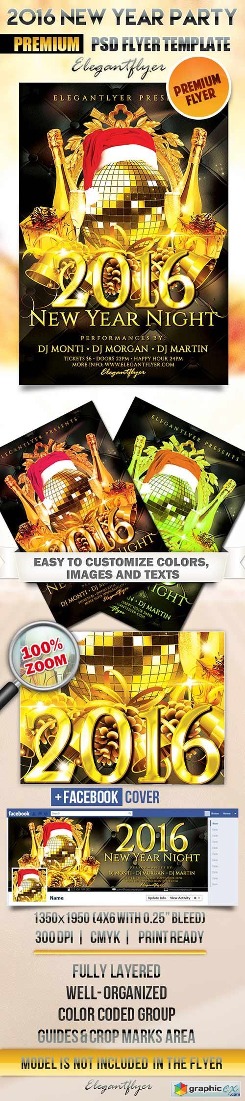 2016 New Year Party Flyer PSD Template + Facebook Cover