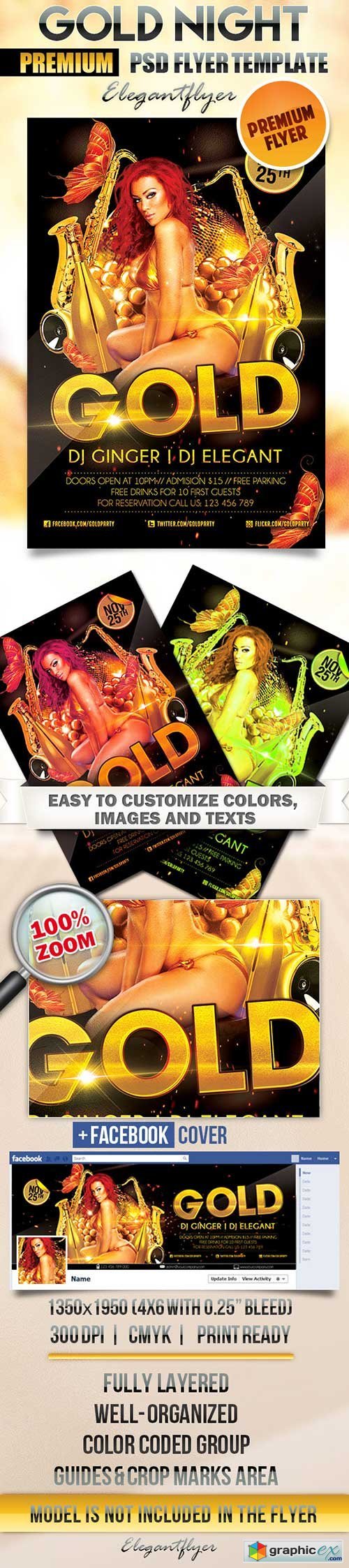 Gold Night Flyer PSD Template + Facebook Cover