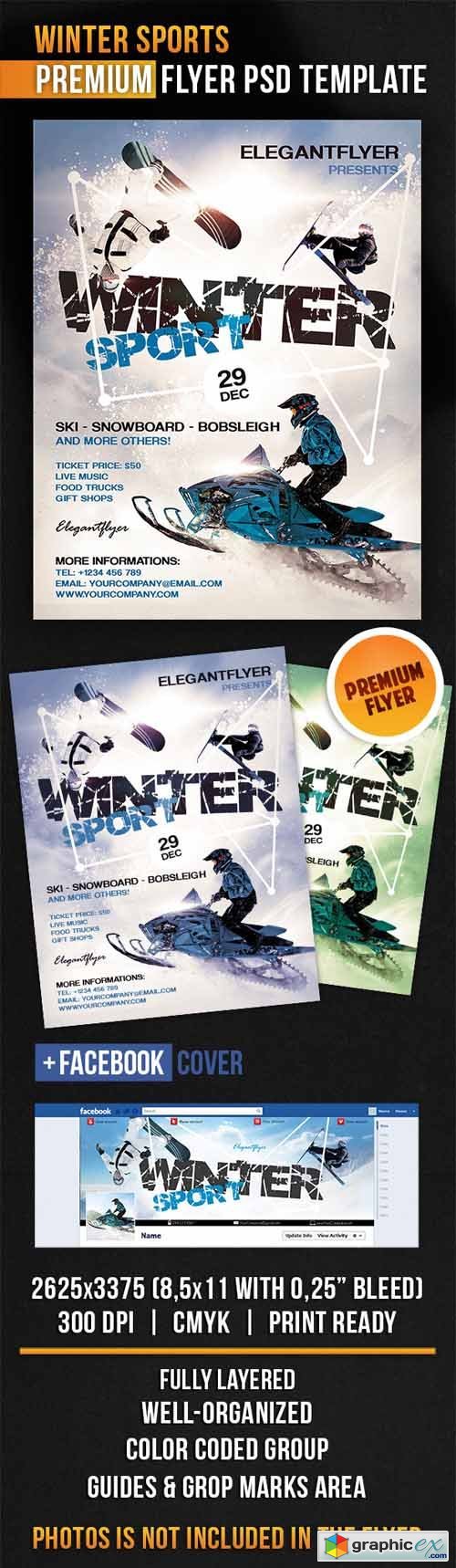 Winter Sports  Flyer PSD Template + Facebook Cover