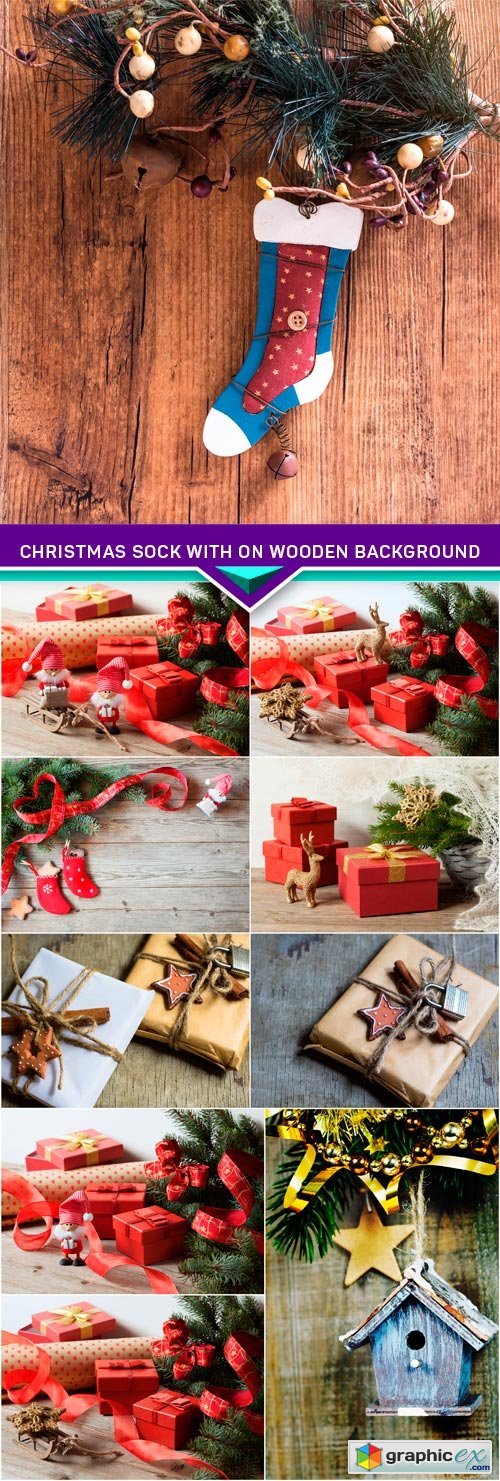 Christmas sock with on wooden background 10x JPEG