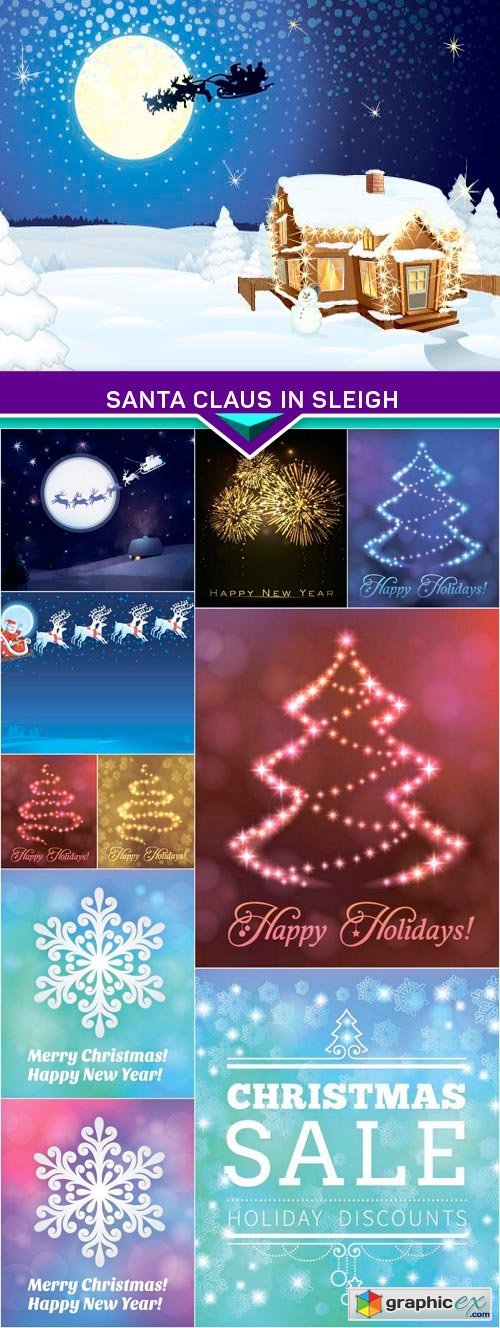 Santa Claus in sleigh, Christmas tree & snowflakes vector 11x EPS