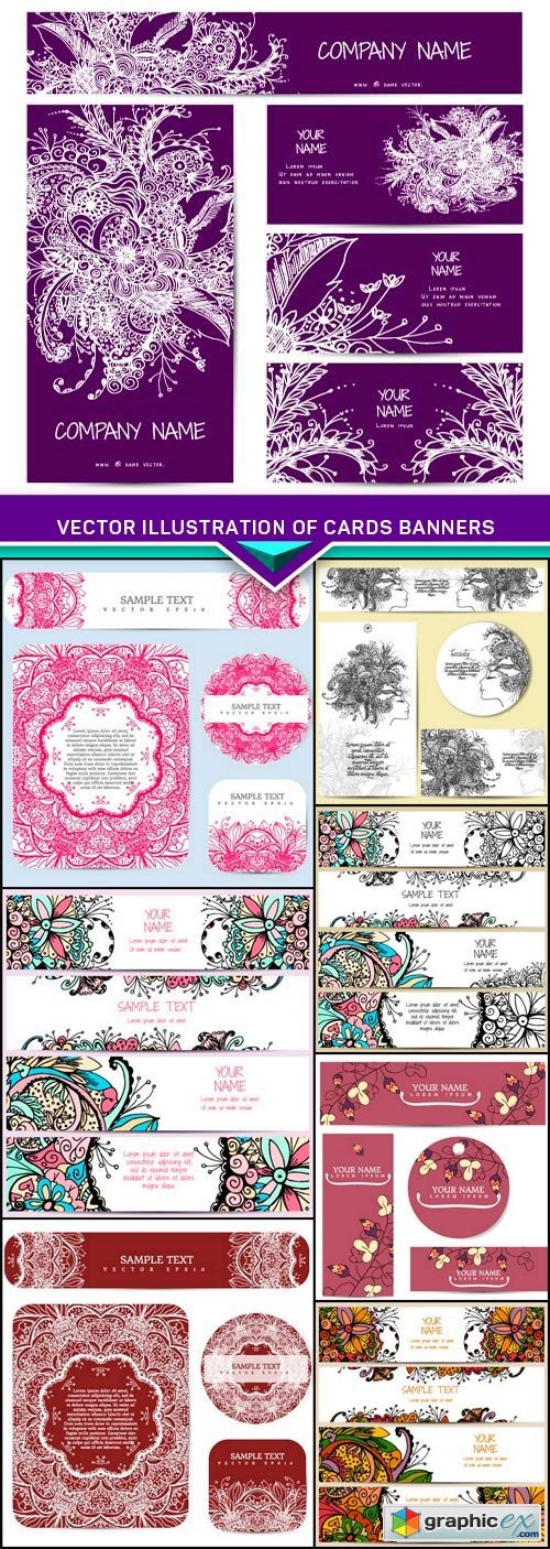 Vector illustration of cards banners with floral ornament 8x EPS