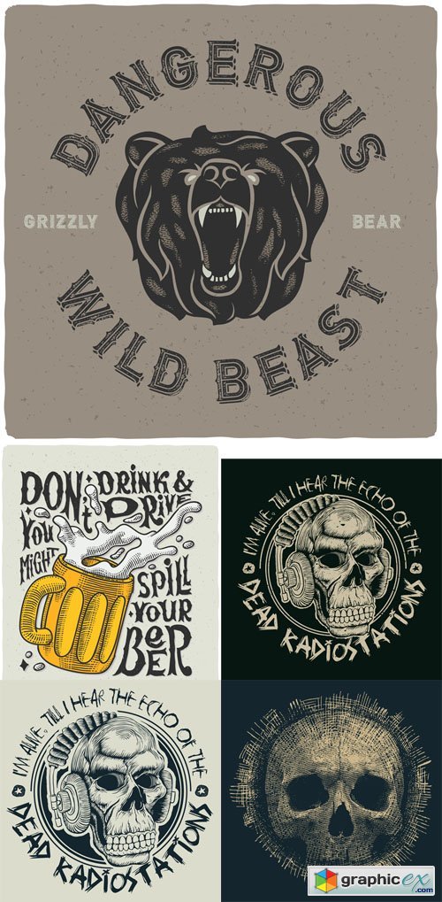 5 T-Shirt Print with Skull Bear and Beer Vector Set » Free Download