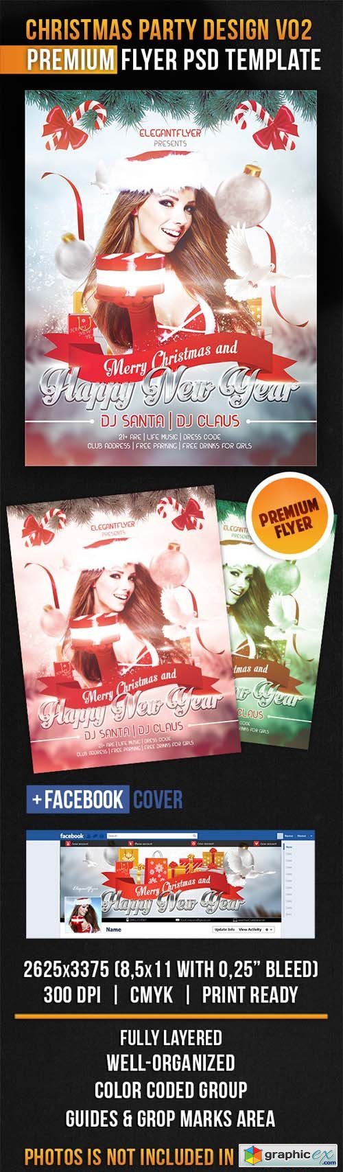 Christmas Party Design V02  Flyer PSD Template + Facebook Cover