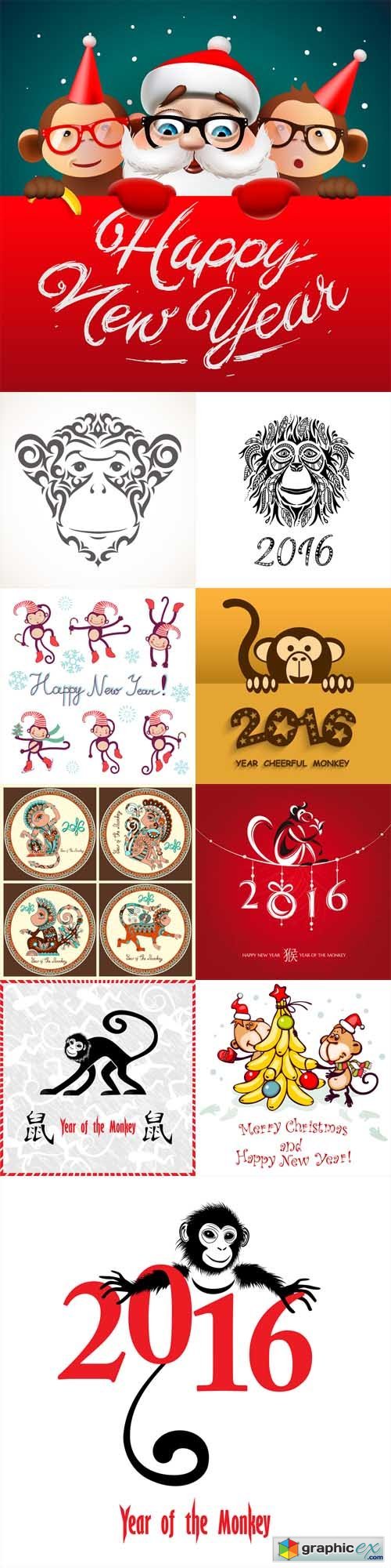 Happy New Year 2016 - Year Of The Monkey Vector Set