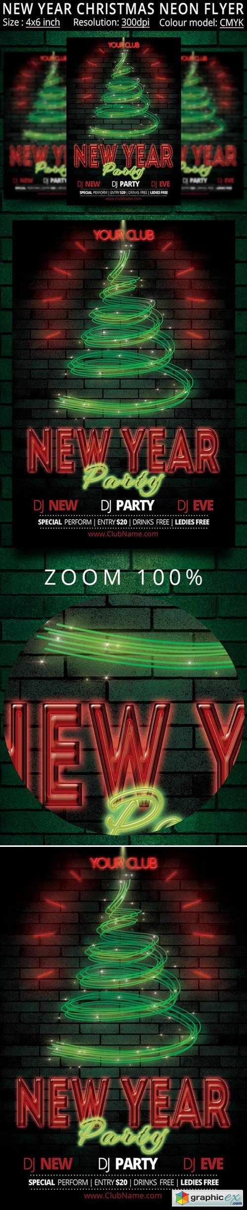 New Year Christmas Neon Party Flyer