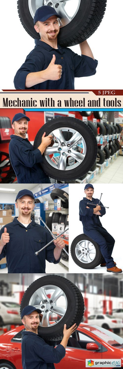 Mechanic with a wheel and tools