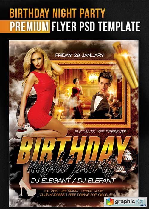Birthday Night Party Flyer PSD Template + Facebook Cover